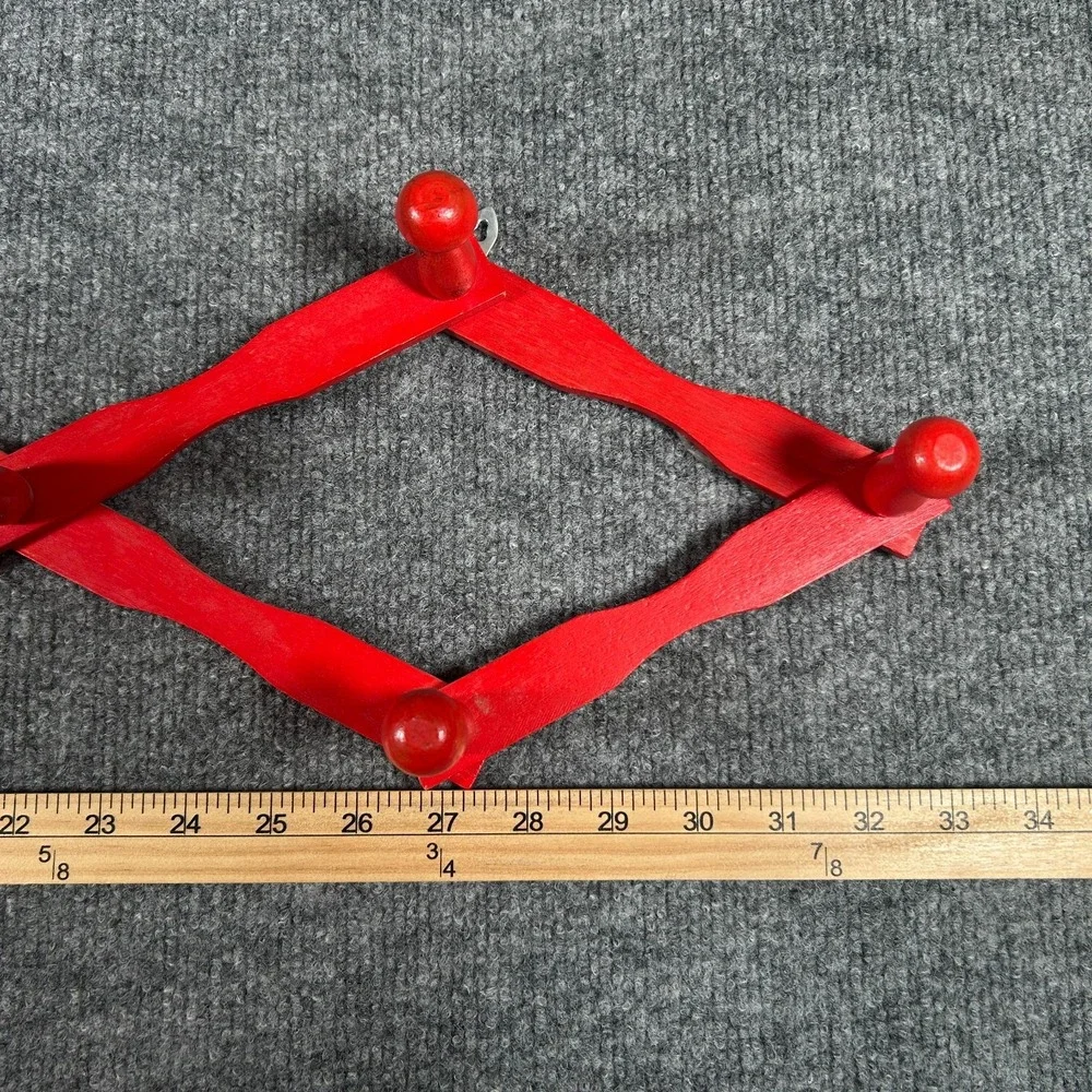 Accordion Wooden Cottagecore Farmhouse Expandable 10 Peg Wall Hanger Red Vintage